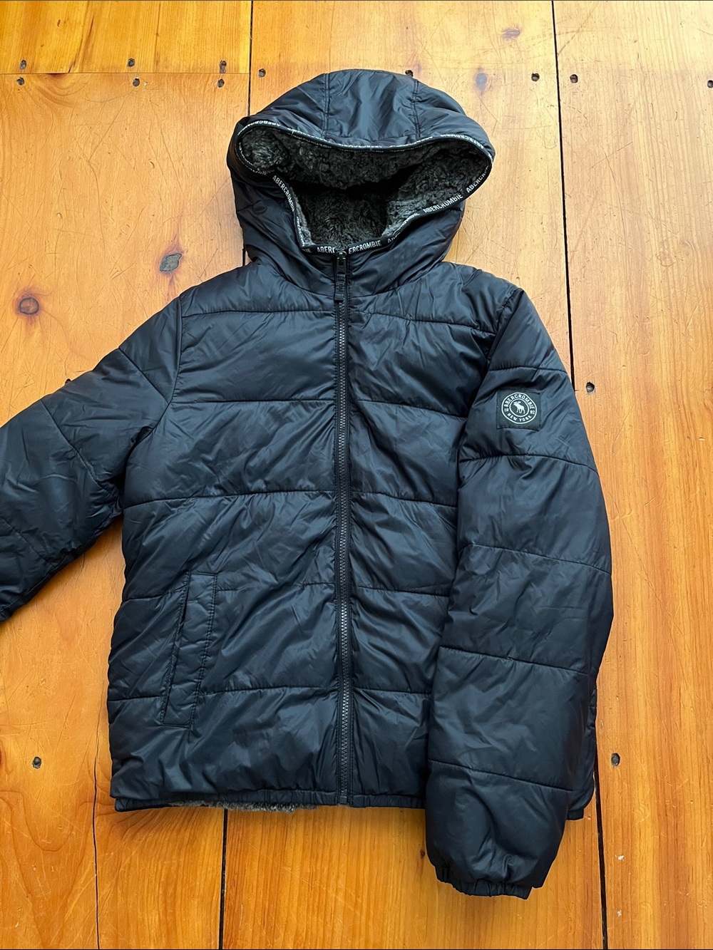 ABERCROMBIE & FITCH Teen 15-16 Black Puffer Jacket Minky Liner Hooded